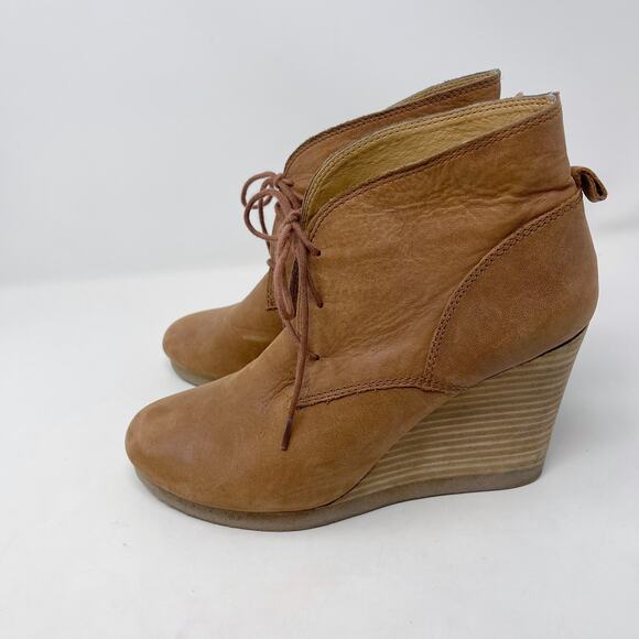 Lucky Brand Womens 8.5 Tan Suede Taheeti Lace Up Wedge Booties Leather Heel - Picture 3 of 13